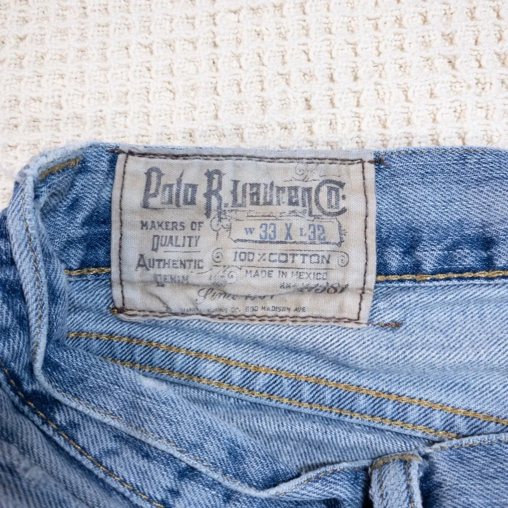Polo Ralph Lauren Distressed Light Wash Blue Denim Jeans Mens 33x32 Straight Leg
